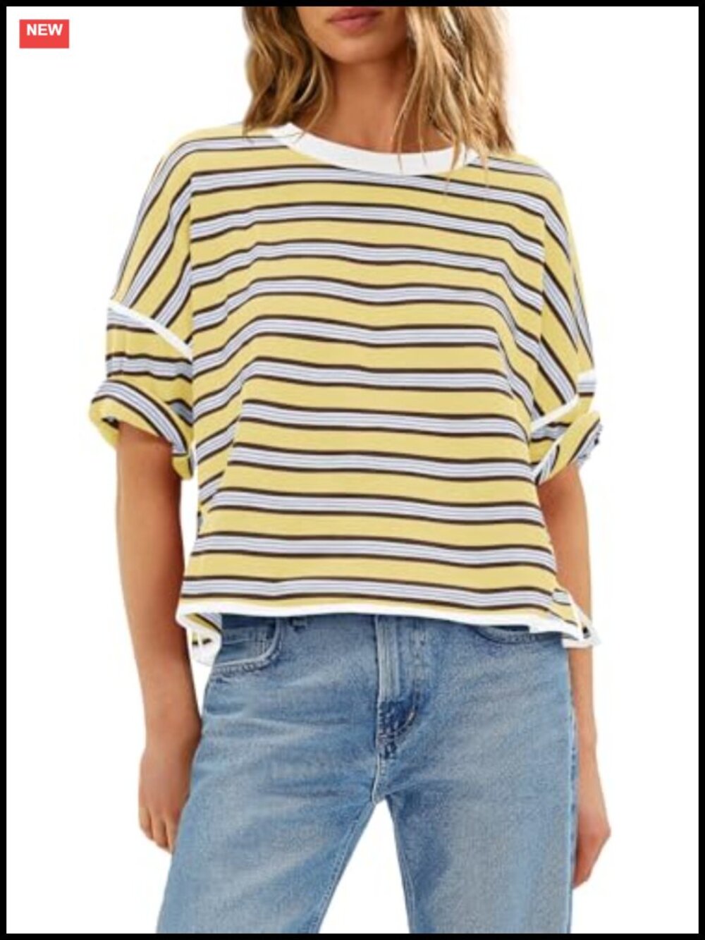 Oversized Striped Boxy T-Shirt Women Short Sleeve Crew Neck Summer Casual Tee
